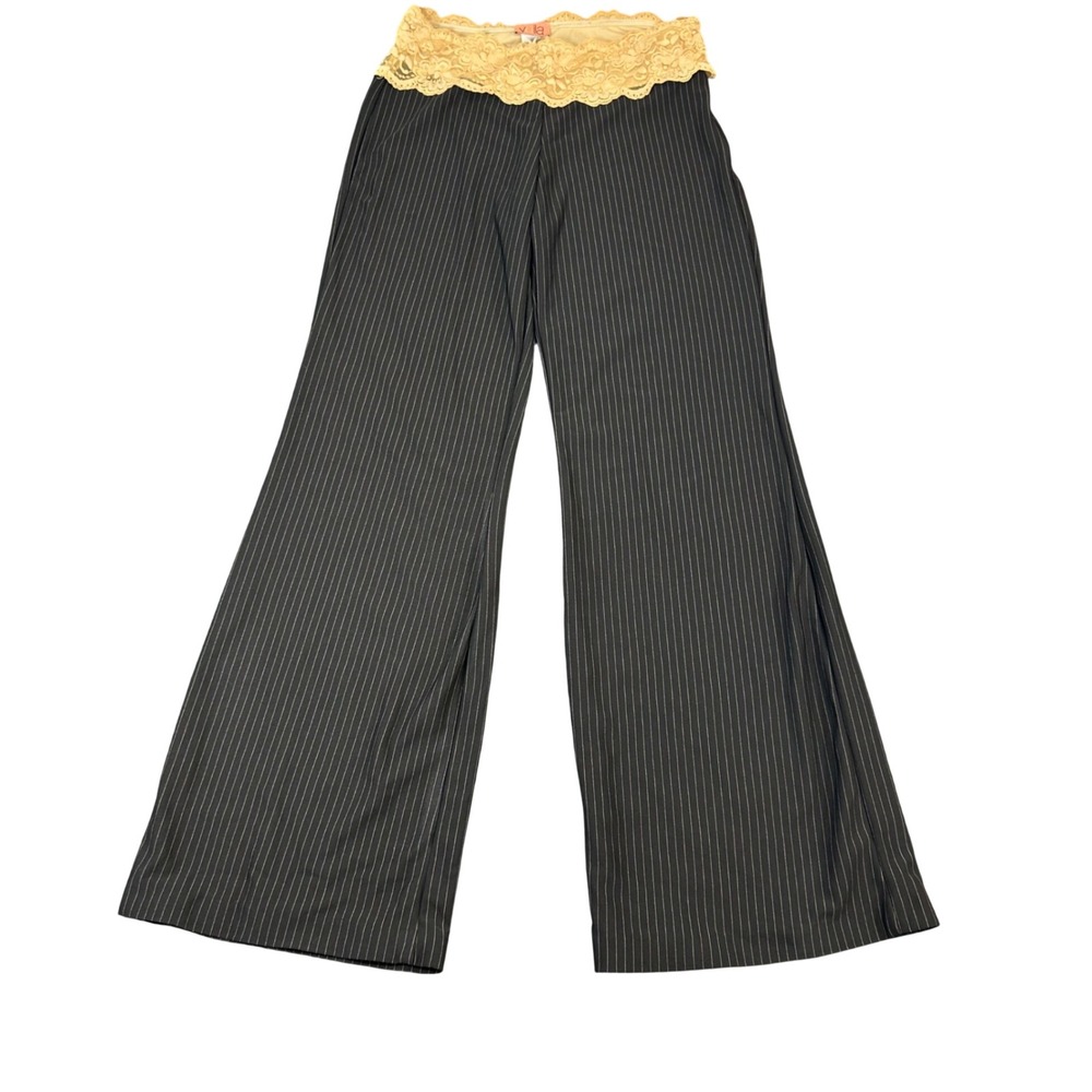 Voila Pinstripe Wide Leg Pants Lace Waistband Y2K Black Tan Medium KP8836